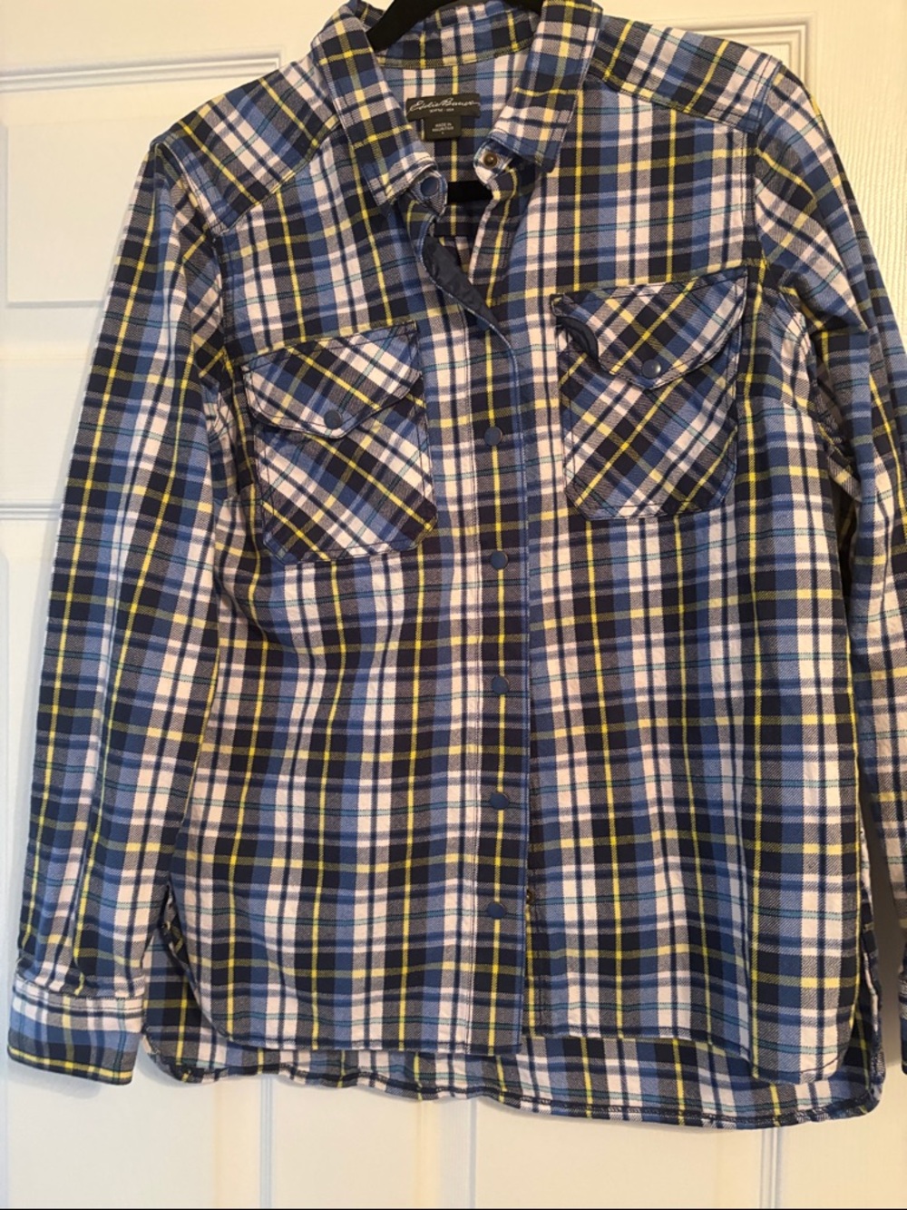 Eddie Bauer Women's Plaid Button-Down Shirt - Blue, White, Yellow